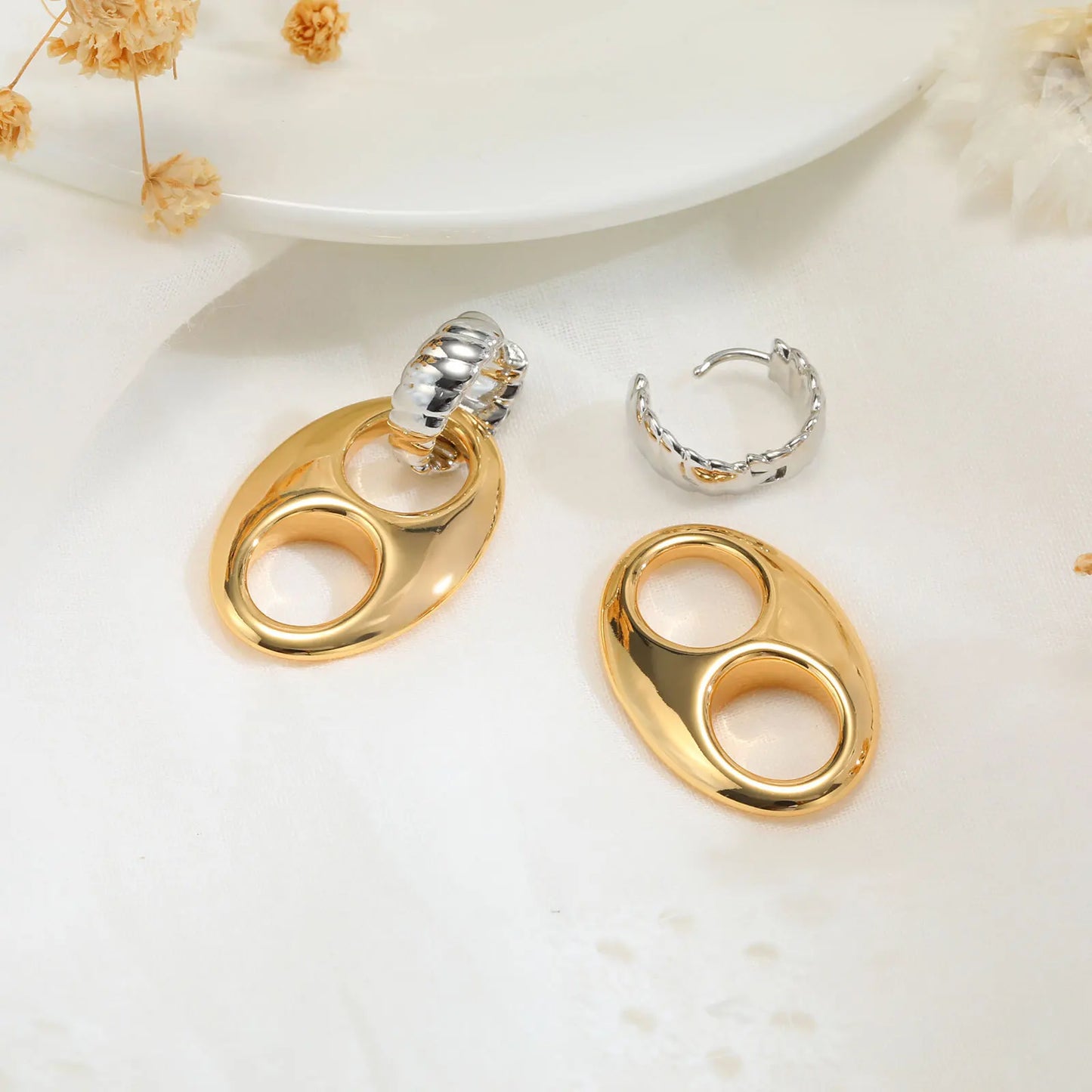 Double Circle Hoop Earrings — Stainless Steel, 14K Gold Tone