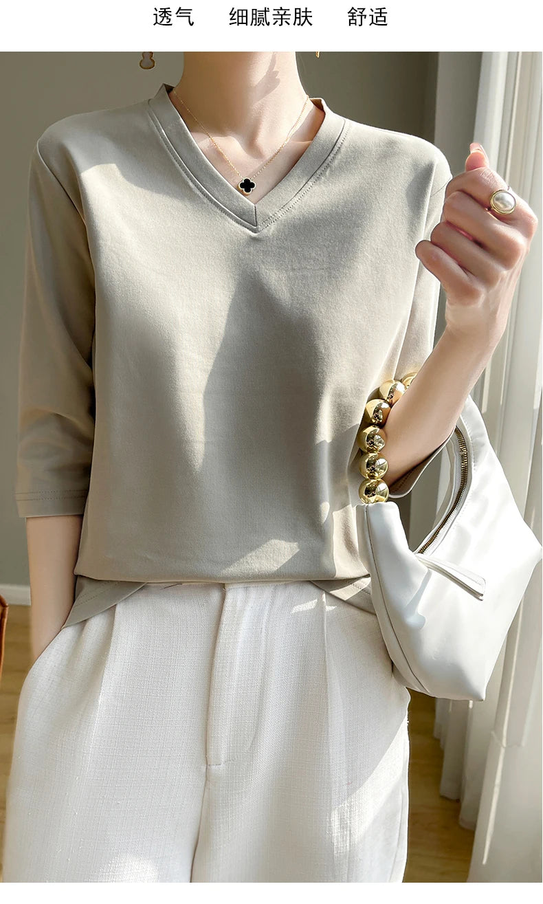 Spring And Summer New Cotton V-neck T-shirt Short-Sleeved Women's Half-Sleeve Bottoming Shirt High-End Cropped Sleeve Top