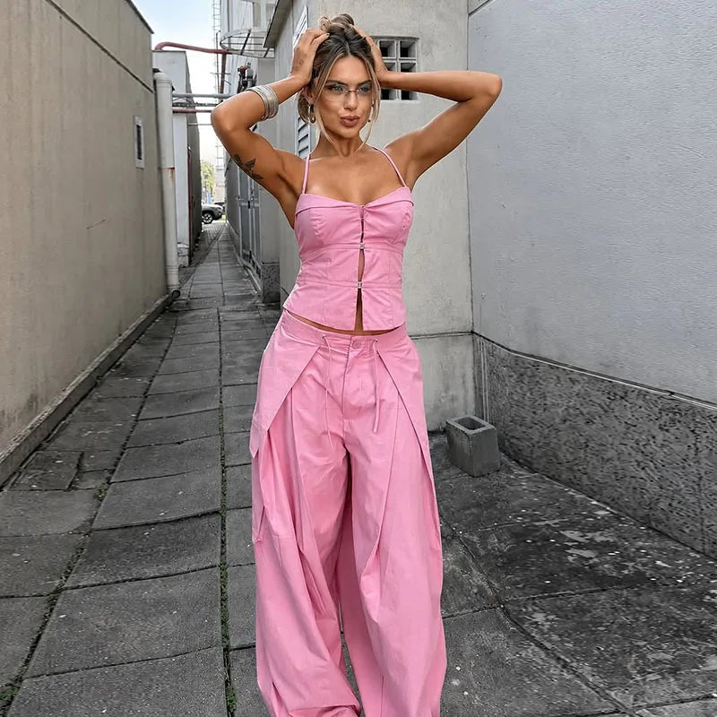 Corset Cami & Pleated Wide-Leg Pants Set — Y2K 2-Piece
