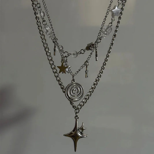 Stainless Steel Spiral Pendant Necklace — Layered Star Choker