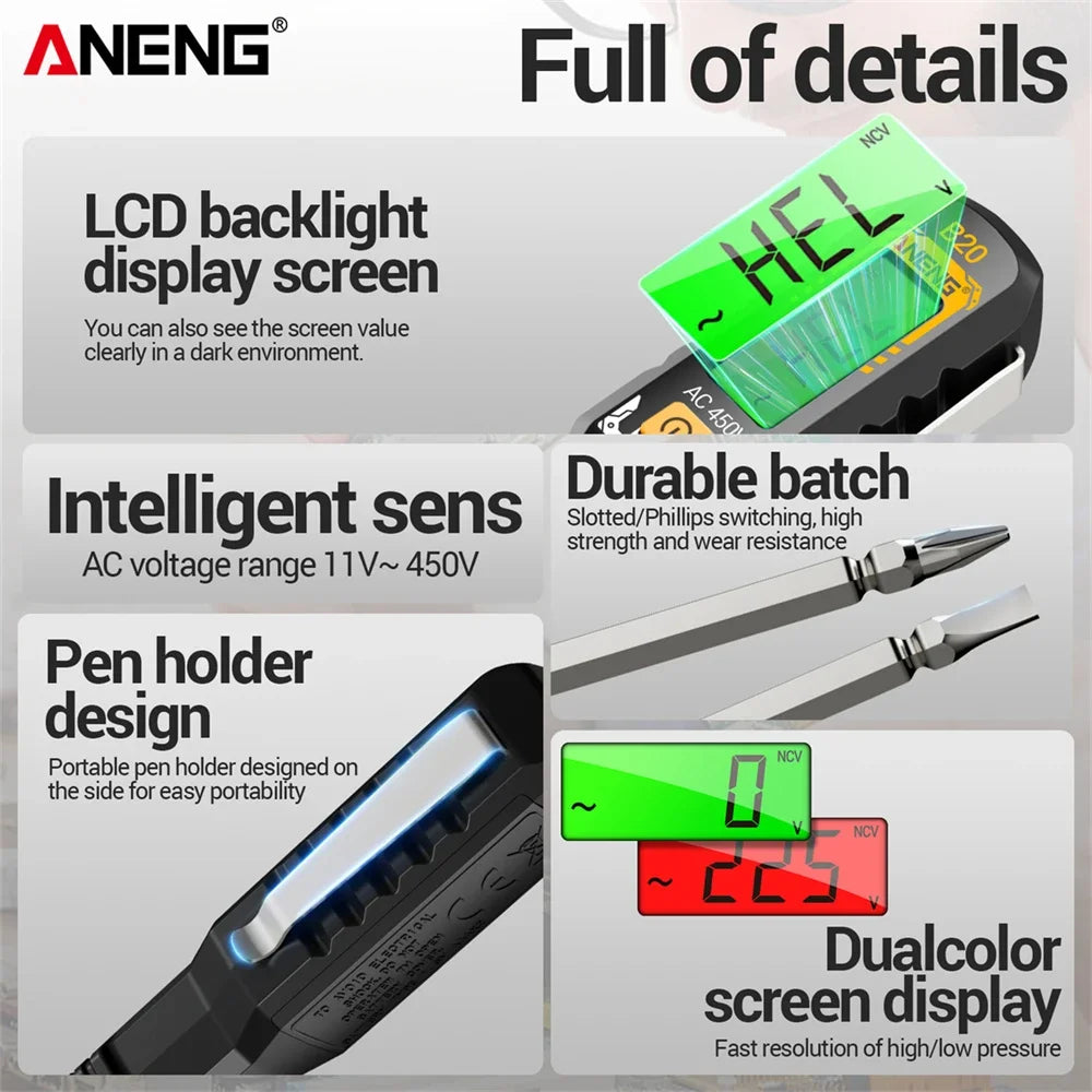 ANENG B20 Insulated Screwdriver Double Head Dual-use Slotted Cross Tester Pen Screw Driver Repair Voltage Meter Hand Tools