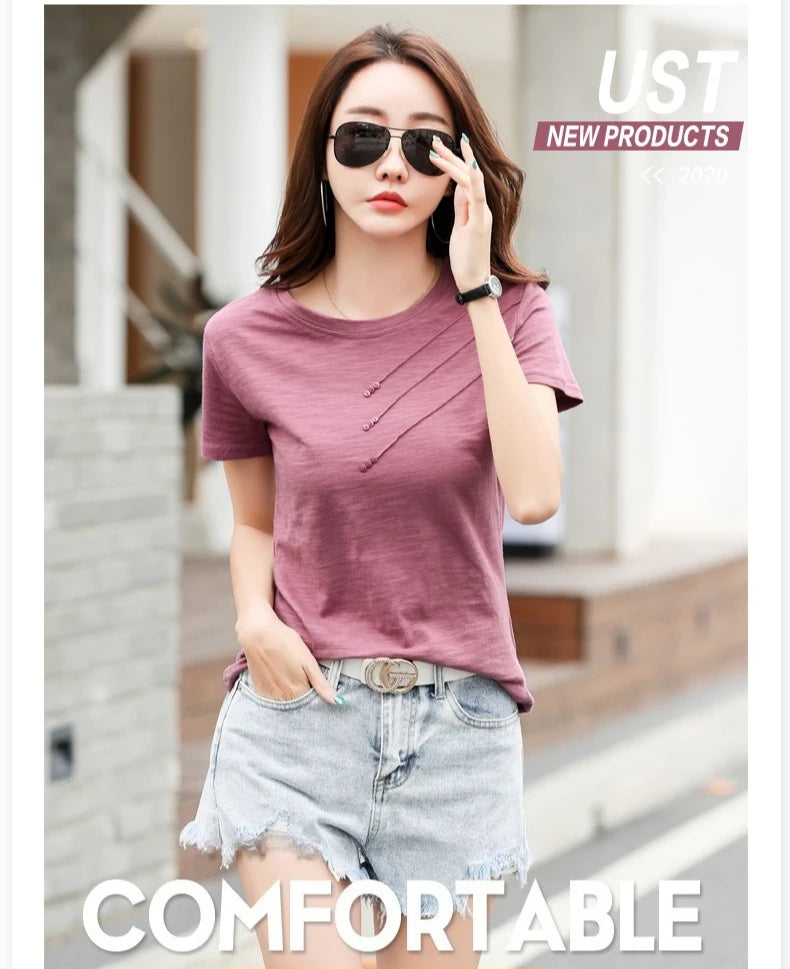 Women's slub cotton button tee, loose crew neck — view 5 of 20