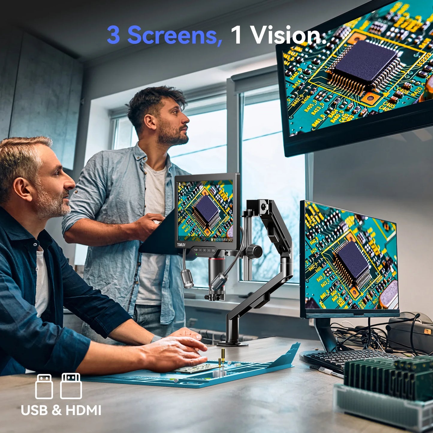 TOMLOV TM3K-3D Max Digital Microscope – 3K 10" Screen, Magnetic Dual Lens, 360° 3D View | PCB & Coin Repair