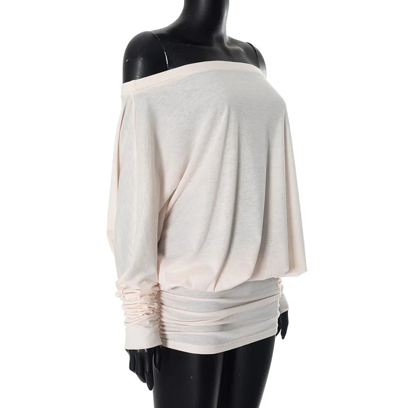 Women's Off-Shoulder Long-Sleeve Top — One-Shoulder Loose Summer Tee