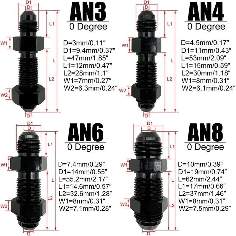 4X 0 Degrees AN3 AN4 AN6 AN8 AN10 AN12 Bulkhead Flare Fitting Union Adapter Fuel Hose Straight Fitting For Tab Rr Wirewall Black