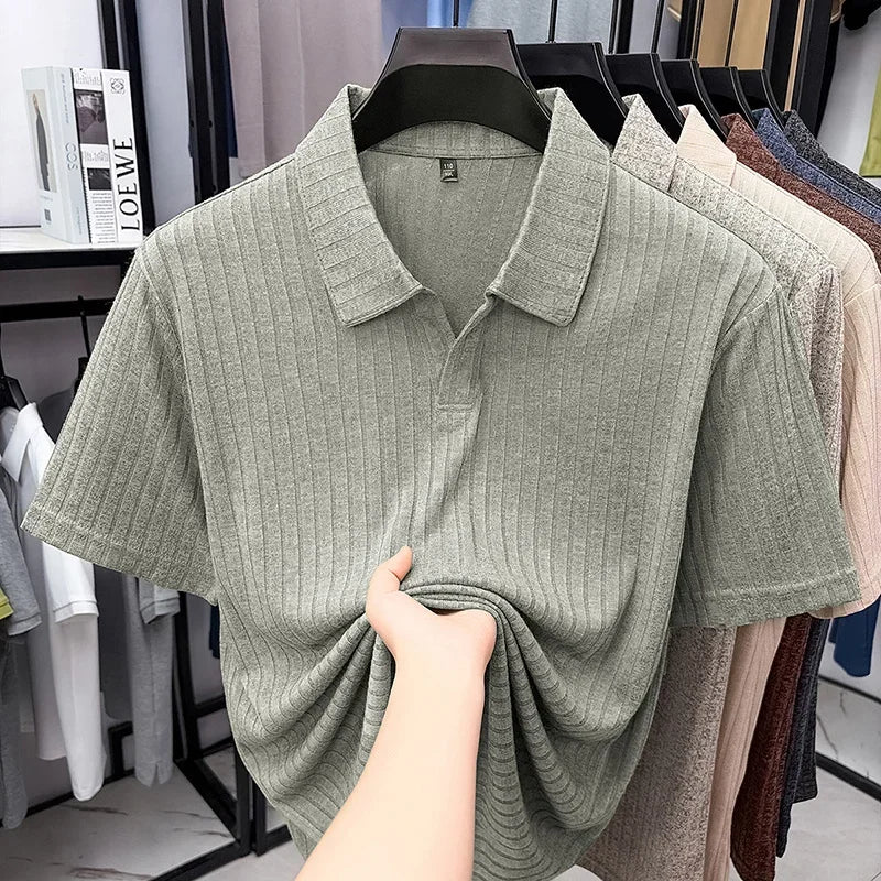 Men's Ribbed Lapel Polo - Soft Stretch, All-Season Casual