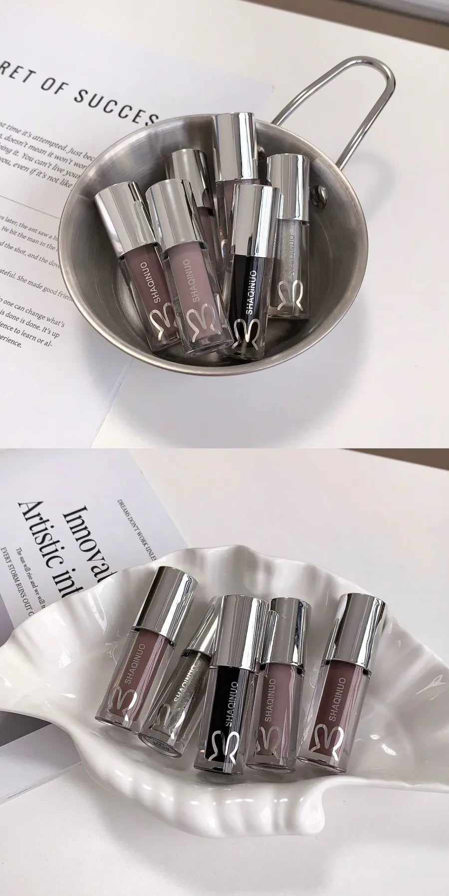 SHAQINUO Water Light Mirror Lip Gloss Lasting Moisturizing Cool Black Silver Gray Pearlescent Fine Sparkling Lipstick Lip Oil