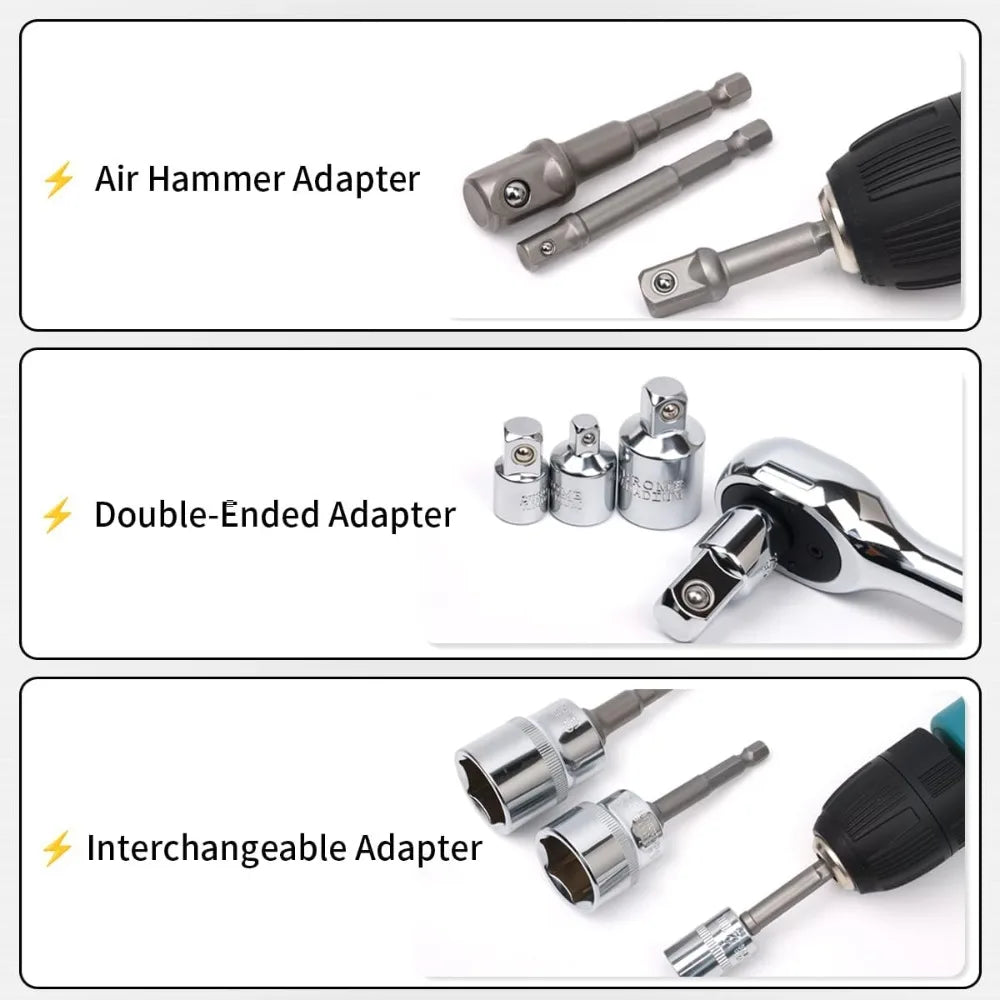 Socket Wrench Adapter, Square Ratchet Reducer Set Drill Sockets Bit Hex Holder 1/2 to 3/8 to 1/4 Double Head Conversion Kit