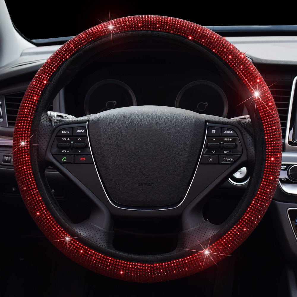 38cm Universal Car SUV Breathable Anti-Slip Bling Rhinestones Steering Wheel Cover for Women Girl with Crystal Diamond Sparkling