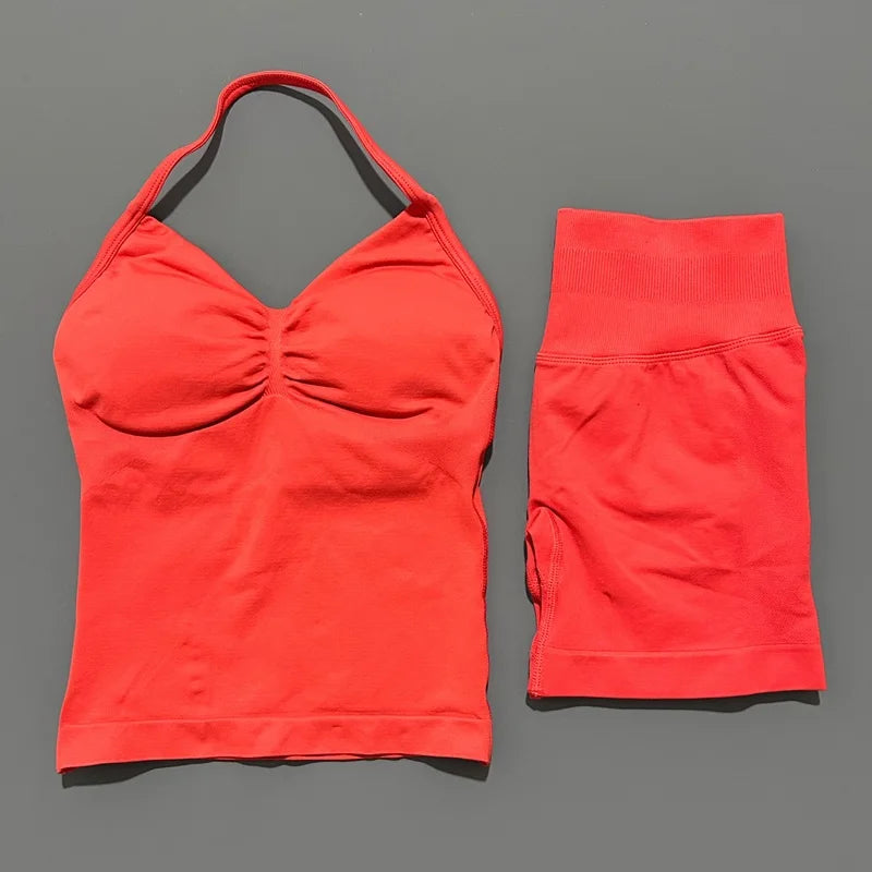 Yoga 2 Pieces Gym Set Women Backless Halter Tops High Waist Seamless Shorts Gym Suit Fitness Sports Bras Sportswear Workout Sets