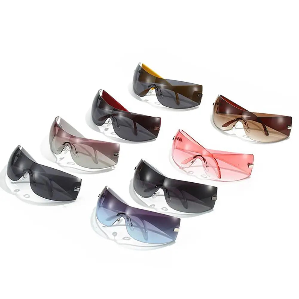 Trendy Y2K Sunglasses for Women  Men Rimless Wrap-Around Sunglasses Futuristic One Piece Shades Fashion Hip Hop Sun Glasses