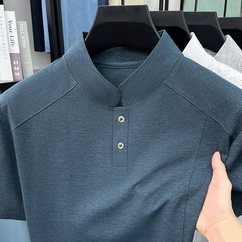 Men's Split-Neck Tee - Vented Perforated Fabric, Breathable Slim