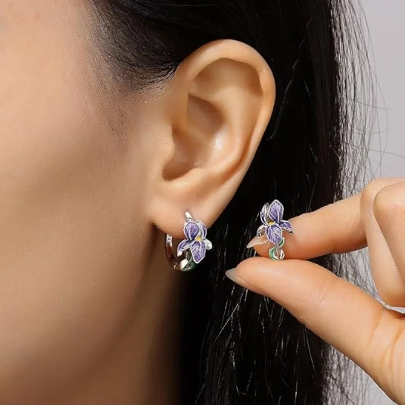 925 Silver Iris Flower Earrings – Purple Floral Drops