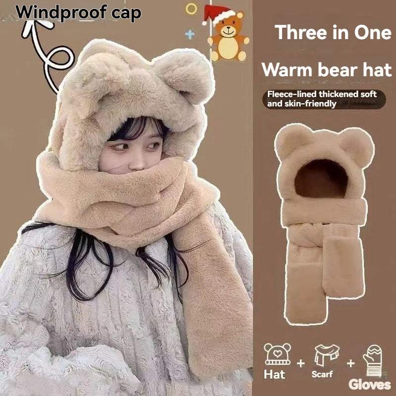 3-in-1 Bear Ear Hat, Scarf and Gloves Set, Plush