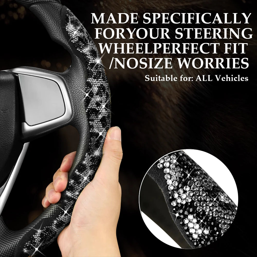 3PCS Shining Leopard Print Diamond Car Universal Steering Wheel Cover Luxury Colorful Diamond bulging Sparkling Steering Wheel