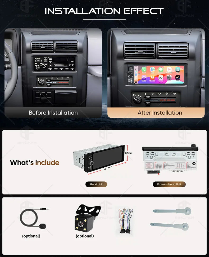 6.86" 1-DIN Car Stereo with Wireless CarPlay & Android Auto — Touchscreen MP5, Bluetooth, FM/AM, USB-C