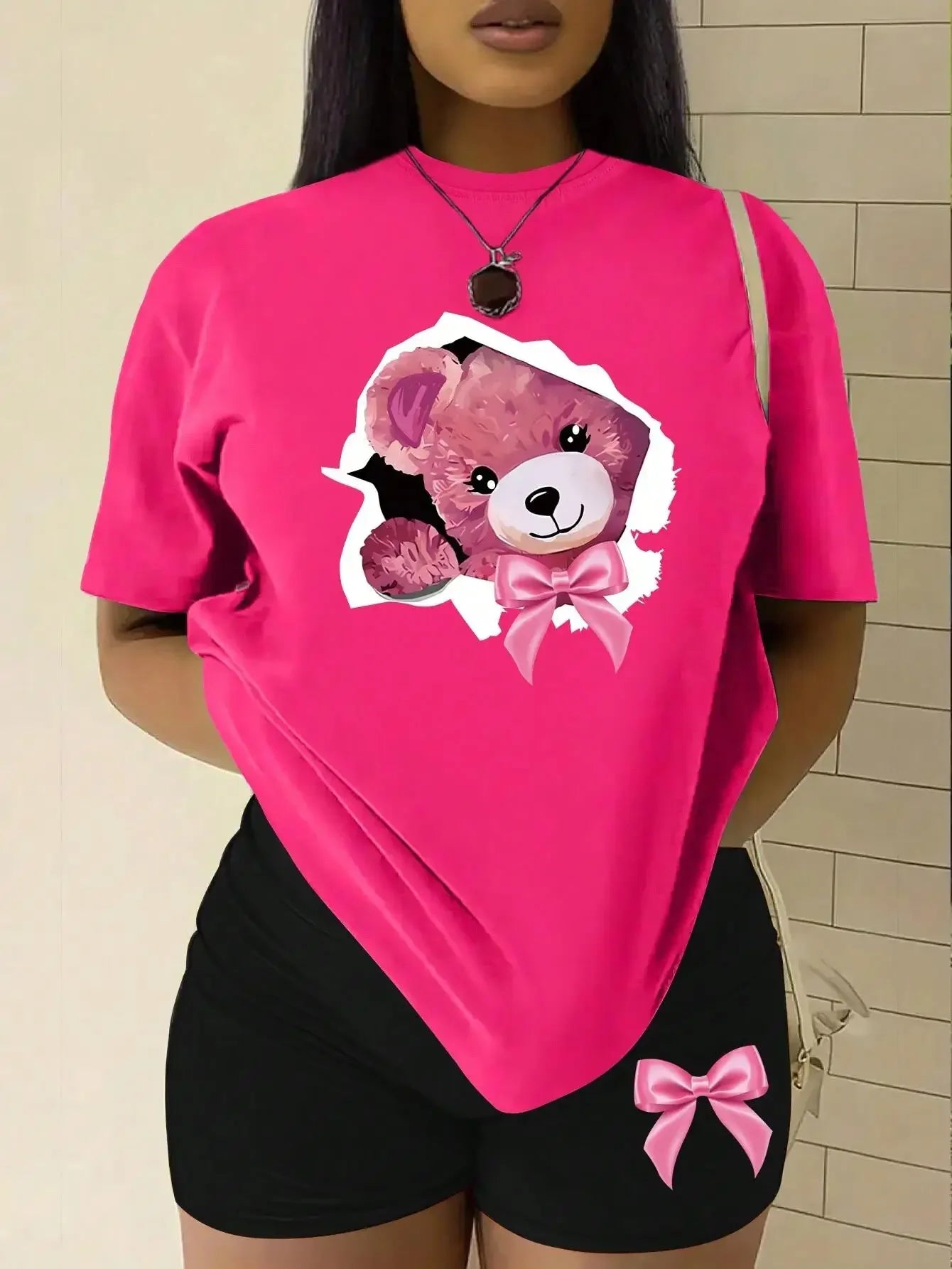 Pink Bow Broken Shell Teddy Bear T-Shirt Set Women Fashion 2 Piece Set Cool Summer Shorts Soft Fashion Short Sleeve Women Y2K to