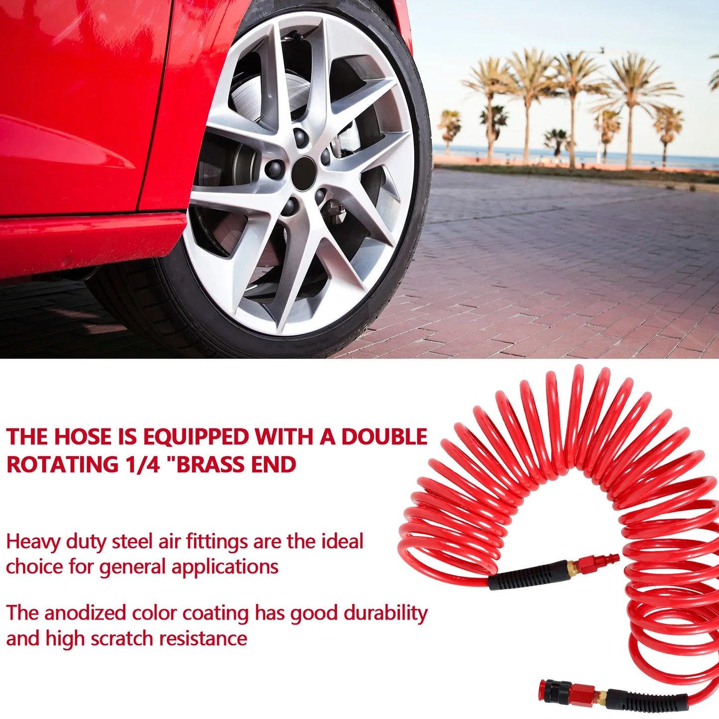 25FT Air Compressor Hoses with Coupler and I/M Plug Sturdy Flexible PU Recoil Air Hose Reliable Anti Kink Tool Accessory 300 PSI