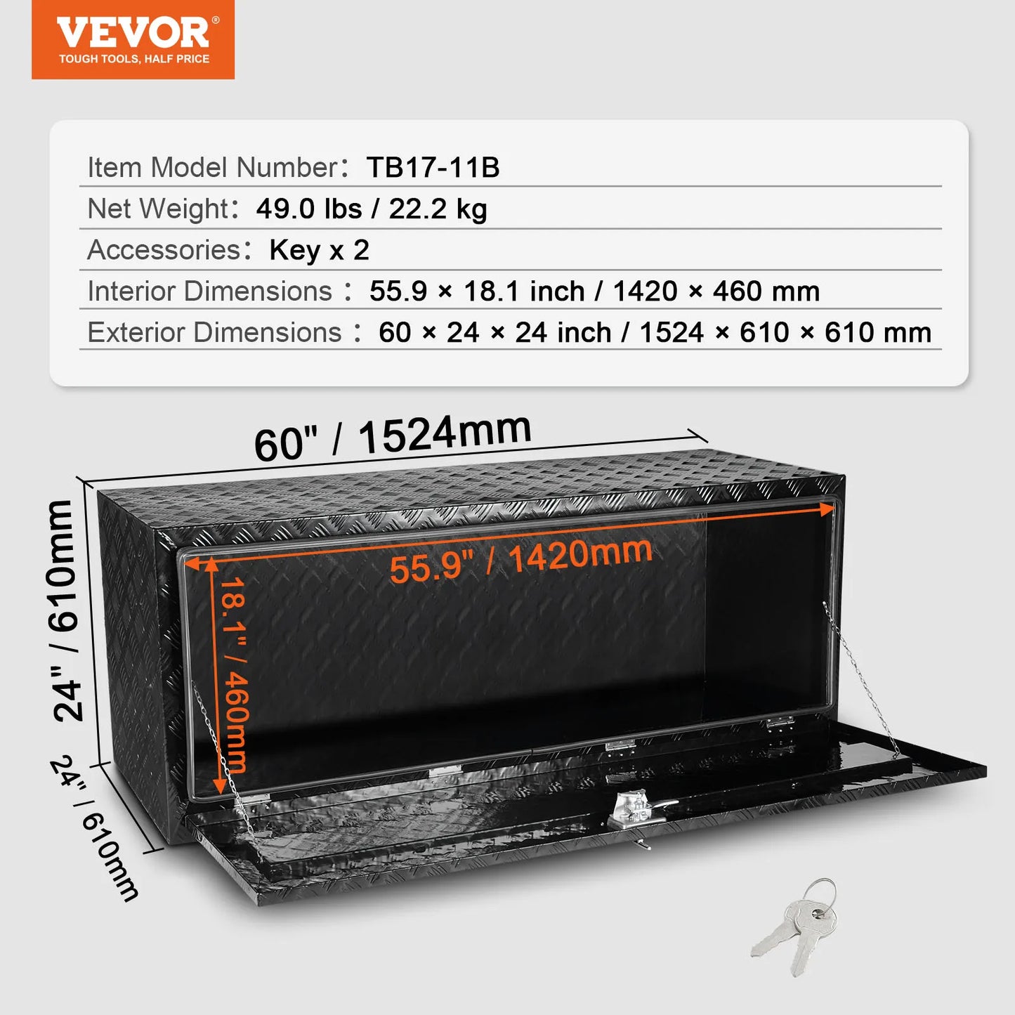 SucceBuy Underbody Truck Box Pickup Storage Box Heavy Duty Diamond Plate Tool Box with Lock&Keys Waterproof Trailer Storage Box