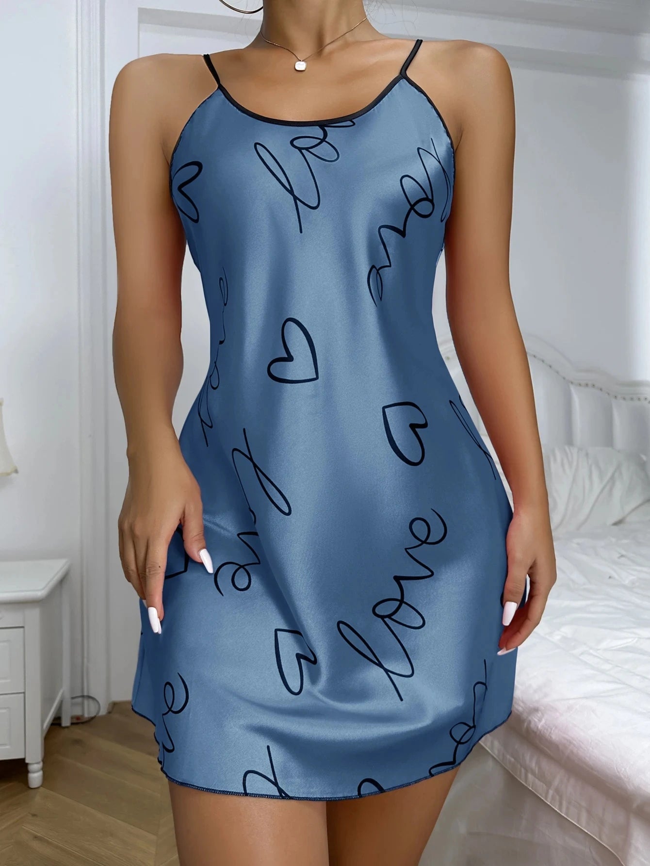 Women's Heart & Letter Print Nightdress – Sexy Sleeveless Satin Slip Sleepwear | S–XL (6 Colors)
