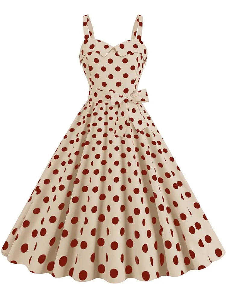 Women's Polka-Dot Puff-Sleeve Midi Sundress — Vintage Square-Collar Dress