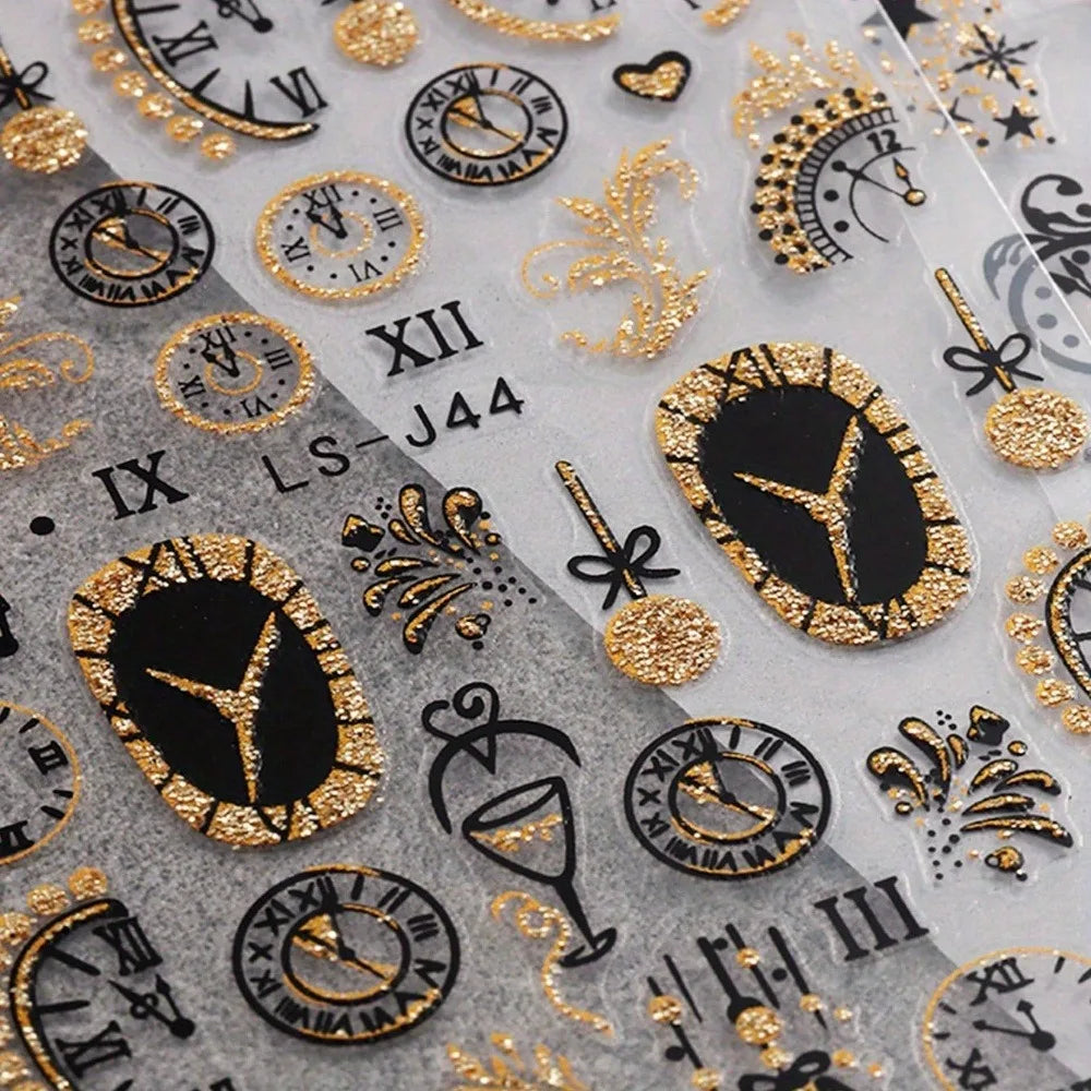 2PCS New Year clock fireworks nail stickers, easy to apply for nail decoration DIY, gifts, party and wedding makeup styling