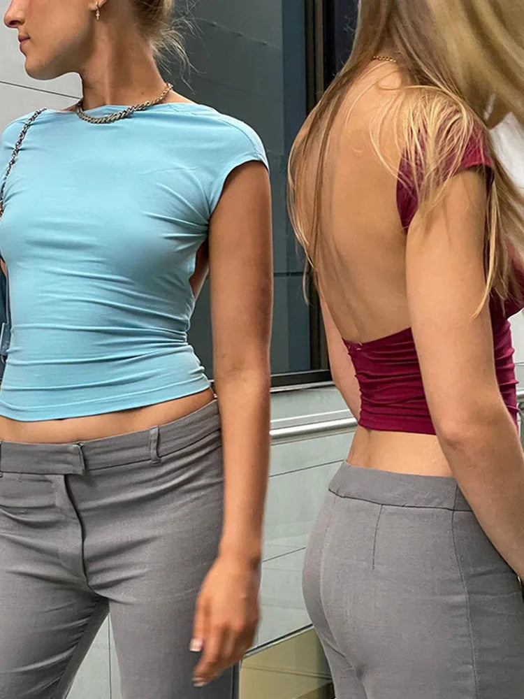 Short Sleeve Backless Tops Women Multi Ways Wear 2026 Skinny Basic Summer Slim Cropped Cut Out Sexy T Shirt Crop Top