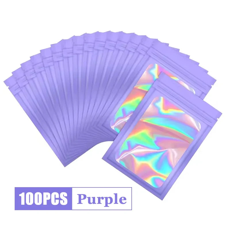 100Pcs Holographic Ziplock Bags Plastic Laser Iridescent Zip Bags for Manicure Eyelash Display Earrings Ring Jewelry Storage Bag