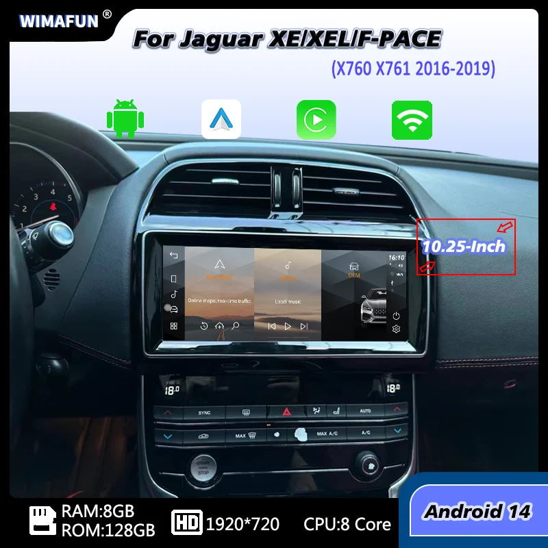 10.25" For Jaguar XE F-PACE X760 X761 Android 14 2016 to 2019 Car Radio Multimedia Player CarPlay and Auto Smart Car System