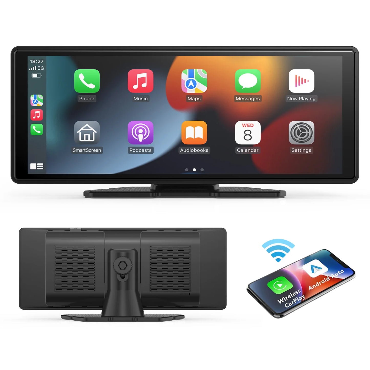 Portable Wireless CarPlay & Android Auto Touchscreen — Dash-Mount Car Stereo Display, Universal Fit