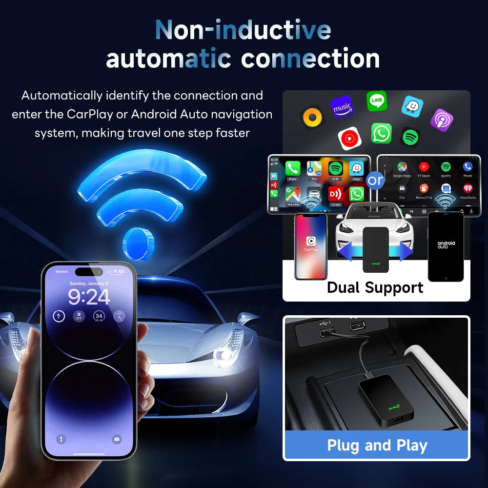 CarlinKit 5.0 & 4.0 2-In-1 Wireless Adapter Wireless CarPlay & Android Auto 2.4G&5Ghz WiFi Bluetooth Auto Connect Plug and Play