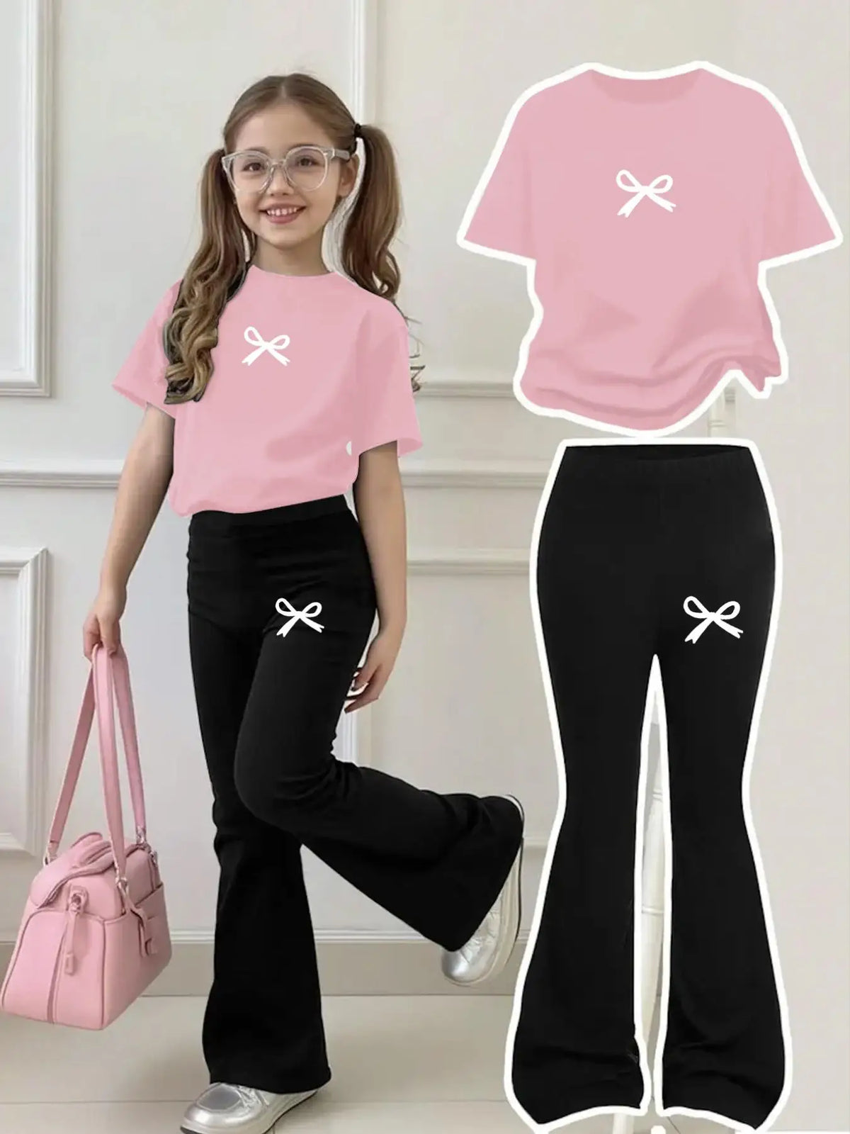 Children's Clothing Girls' Set 2026 New Style for Girls Aged 4-12, Regular Short-Sleeve Top and Flared Pants Two-Piece Set, Simple Bow Print Clothing, Versatile for Home and Outings