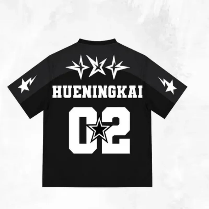 Bandai TXT Jersey Style T-shirt, Black Star Printed Streetwear, Neutral Casual Short Sleeved T-shirt Suitable for K-pop Fans
