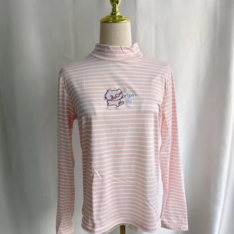 Ezgaga Women T Shirts Sweet Cartoon Cat Embroidery Long Sleeve Striped Turtleneck Neck Basic Autumn Winter Fashion Tops Y2k
