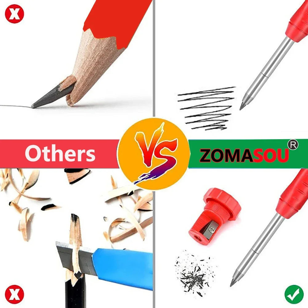 Reuseable Long Head Deep Hole Markers Pen Pencils Solid Carpenter Refill Leads Built-in Sharpener Woodwork Construction Tools