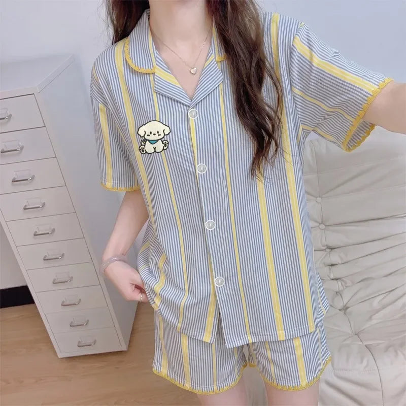 Cartoon Dog Embroidery Women's 2-Piece Pajama Set