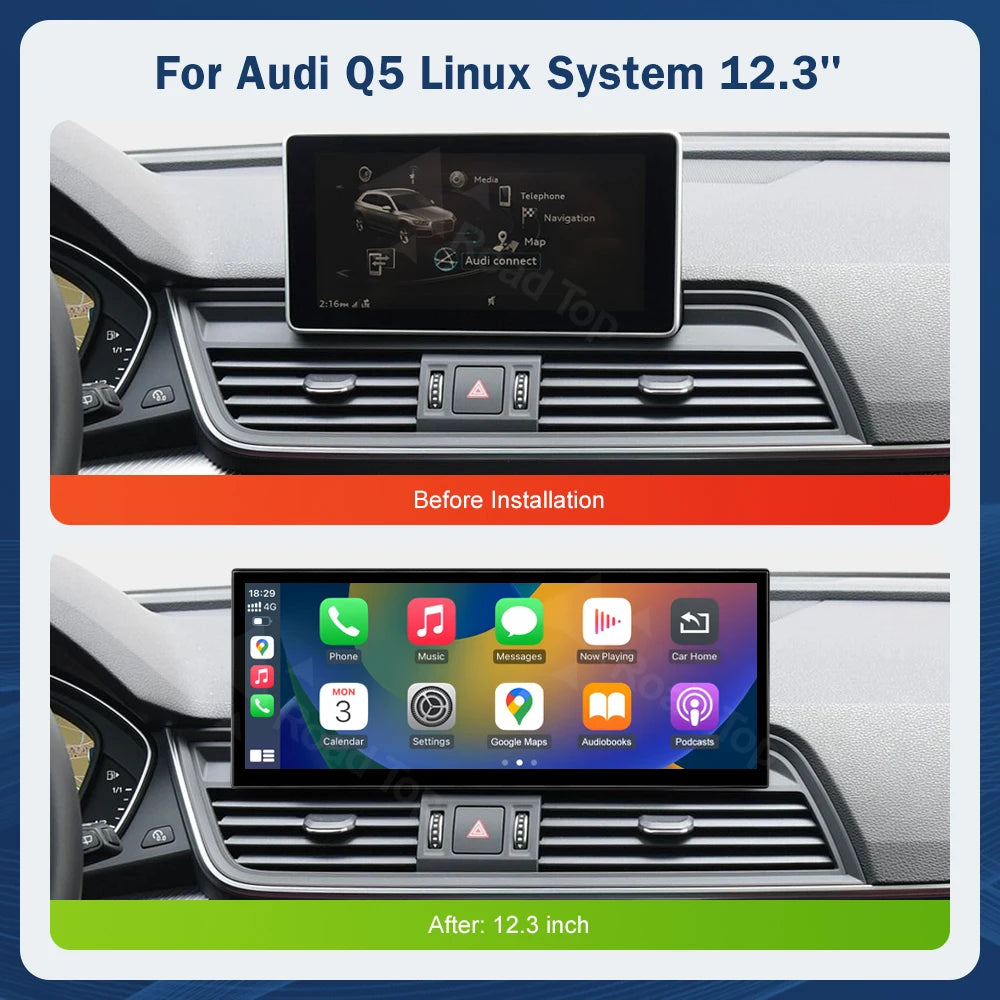 12.3" Wireless CarPlay & Android Auto Display for Audi Q5 (2018–2019) — AirPlay, Miracast, Touchscreen