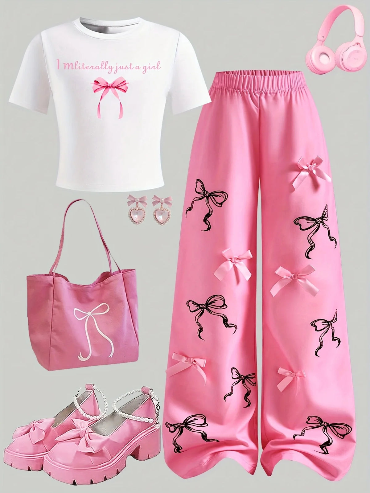 Girls' Casual Long Pants Set, Youth Girls' Letter-Print Short-Sleeve T-Shirt and Hot Pink Bow Wide-Leg Pants Casual Two-Piece Set Suitable for Children Aged 5-13, Suitable for Various Occasions