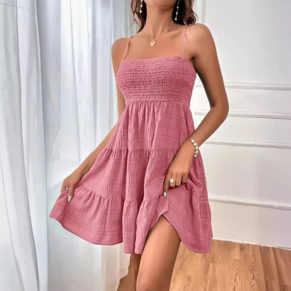 Women's Smocked Tiered Mini Dress — Spaghetti-Strap Ruffle Swing Beach Dress