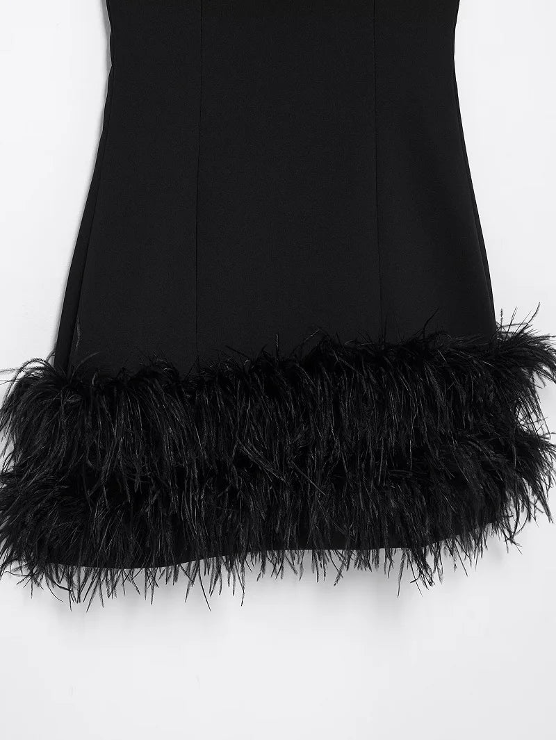 Feather Off-Shoulder Corset Mini Dress – Party Luxe