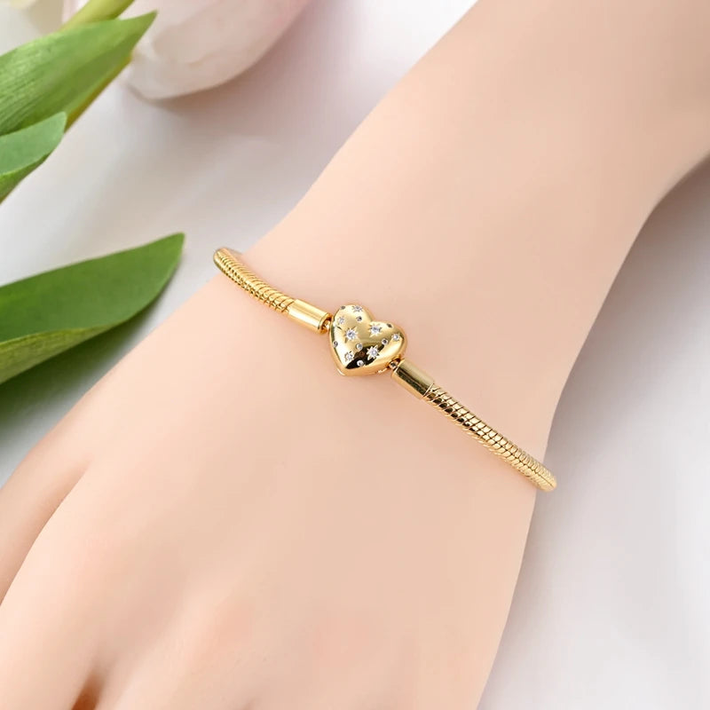 925 Sterling Silver Heart Charm Bracelet for Women - DIY Beads