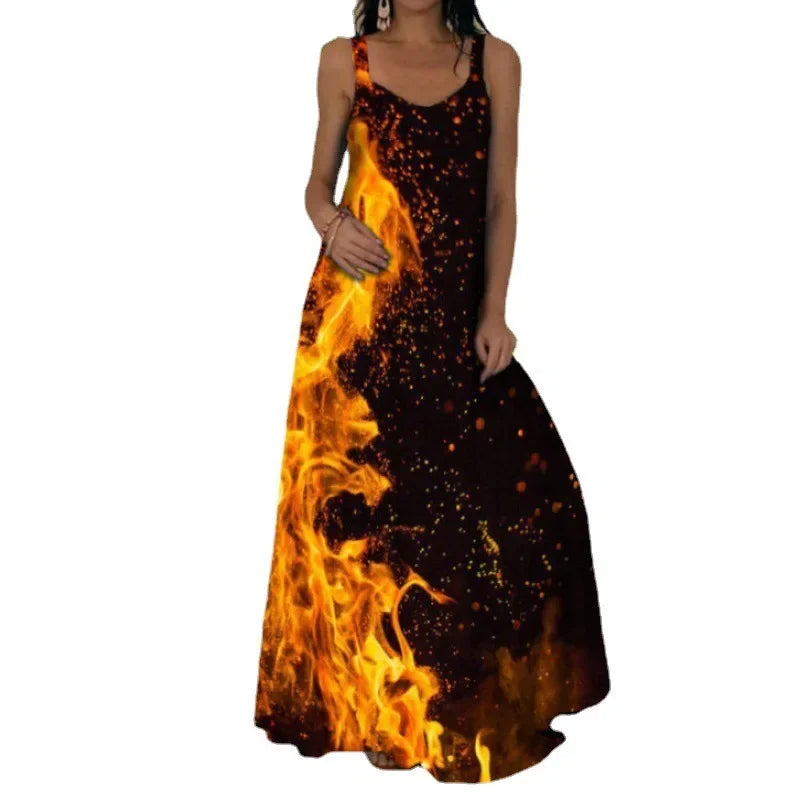 Flame Print Sleeveless Maxi Dress – Casual Summer