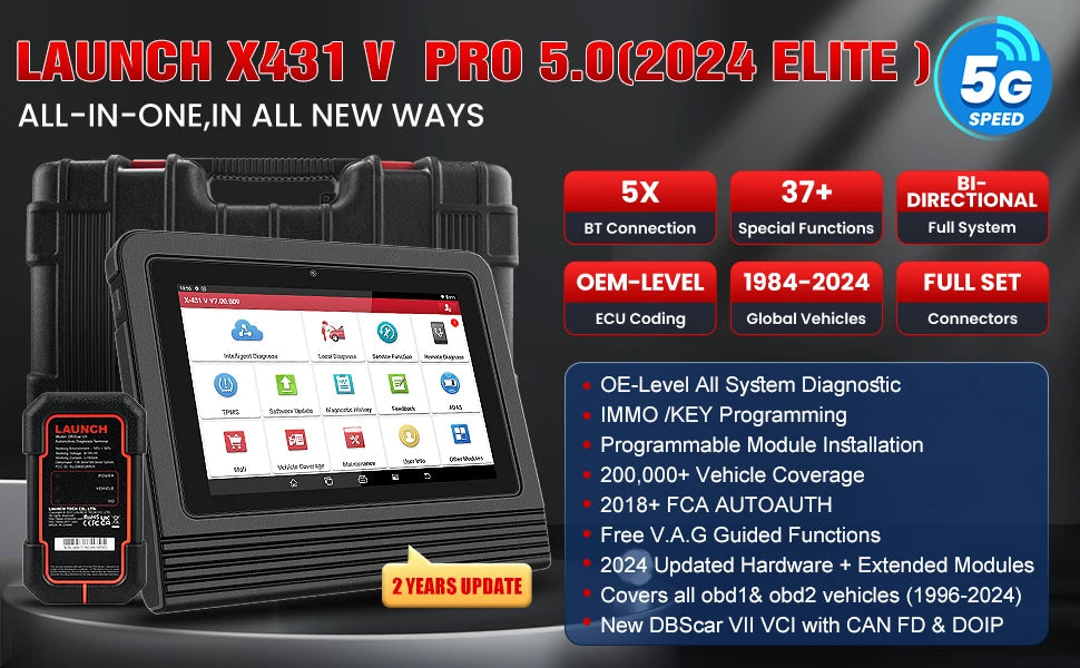 LAUNCH X431 PRO V5.0 Bi-Directional OBD2 Diagnostic Scanner — All-System, 37 Resets, ECU Coding