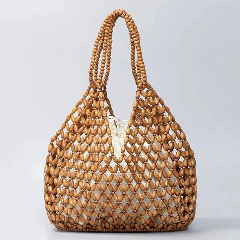 Women's Handmade Wooden Beaded Handbag - Hollow Woven Shoulder Bag