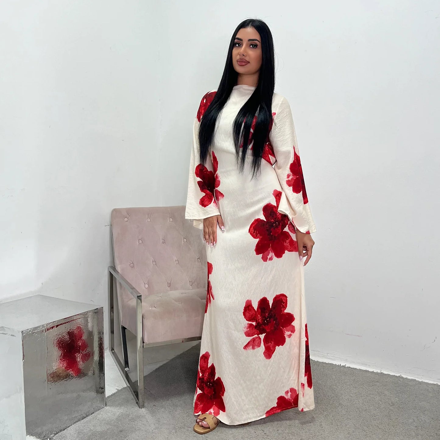 Arabesque Bell Sleeve Flowy Maxi Abaya Dress Elegant Floral Print Muslim Modest Long Dress Islamic Vacation Outfit Summer Robe