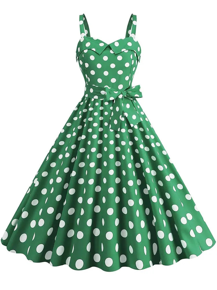 Women's Polka-Dot Puff-Sleeve Midi Sundress — Vintage Square-Collar Dress