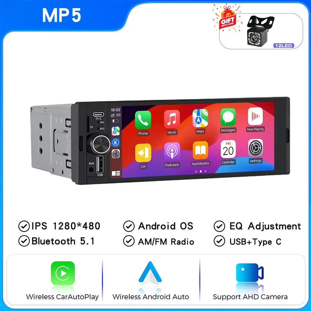 6.86" 1-DIN Car Stereo with Wireless CarPlay & Android Auto — Touchscreen MP5, Bluetooth, FM/AM, USB-C