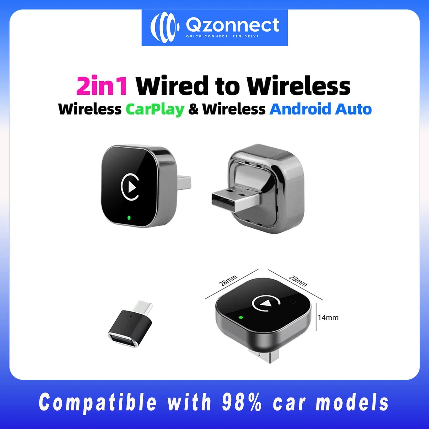 Qzonnect 2026 New Wireless CarPlay & Android Auto Adapter | Wireless Dongle – Ultra-Compact | For Factory-Wired CarPlay AA