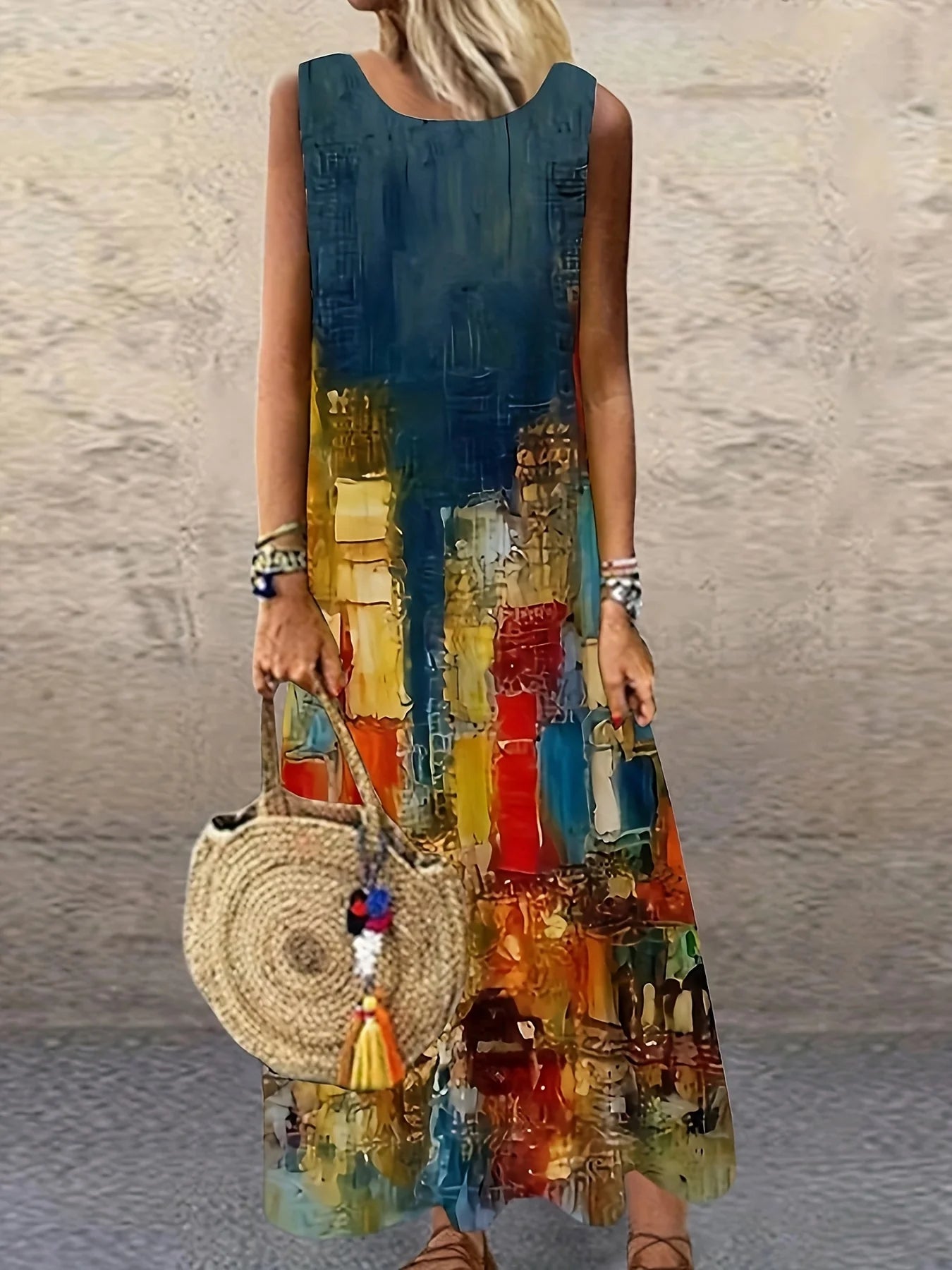 Bohemian Vacation Sunflower Ethnic Print Round Neck Dress Loose Vacation Long Dress Dopamine Dress Light Mature Maxi Dresses