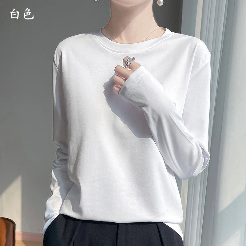 Spring And Summer New Mercerized Cotton Long Sleeve T-shirt Women's Round Neck Loose 100% Cotton Bottoming T-shirt